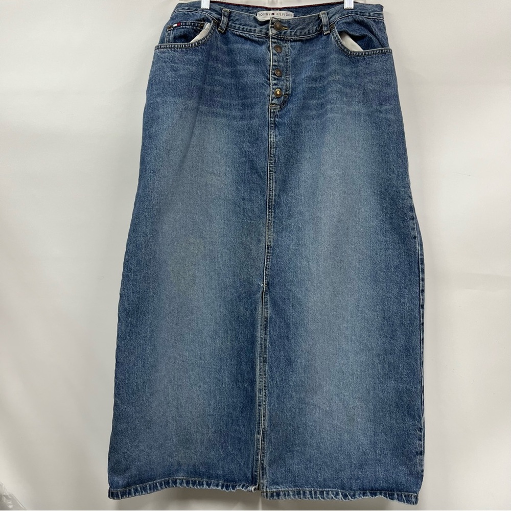 Vintage Tommy Hilfiger Blue Denim Skirt maxi midi front snap buttons pockets Y2K